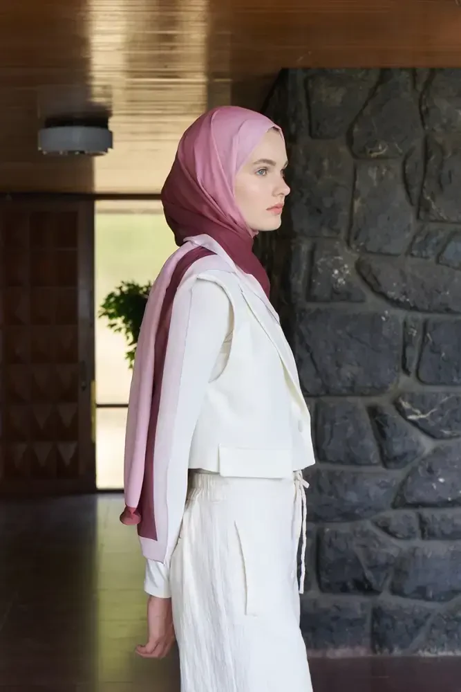 Fransız İpeği Degrade Desen Şal - Bordo - 3