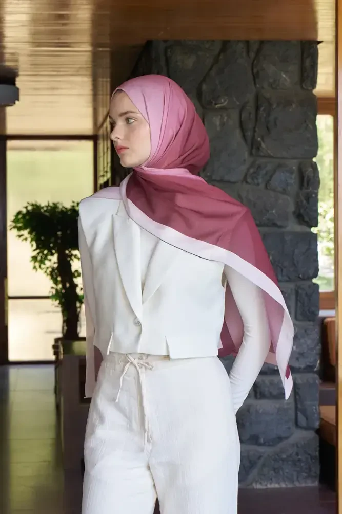 Fransız İpeği Degrade Desen Şal - Bordo - 5