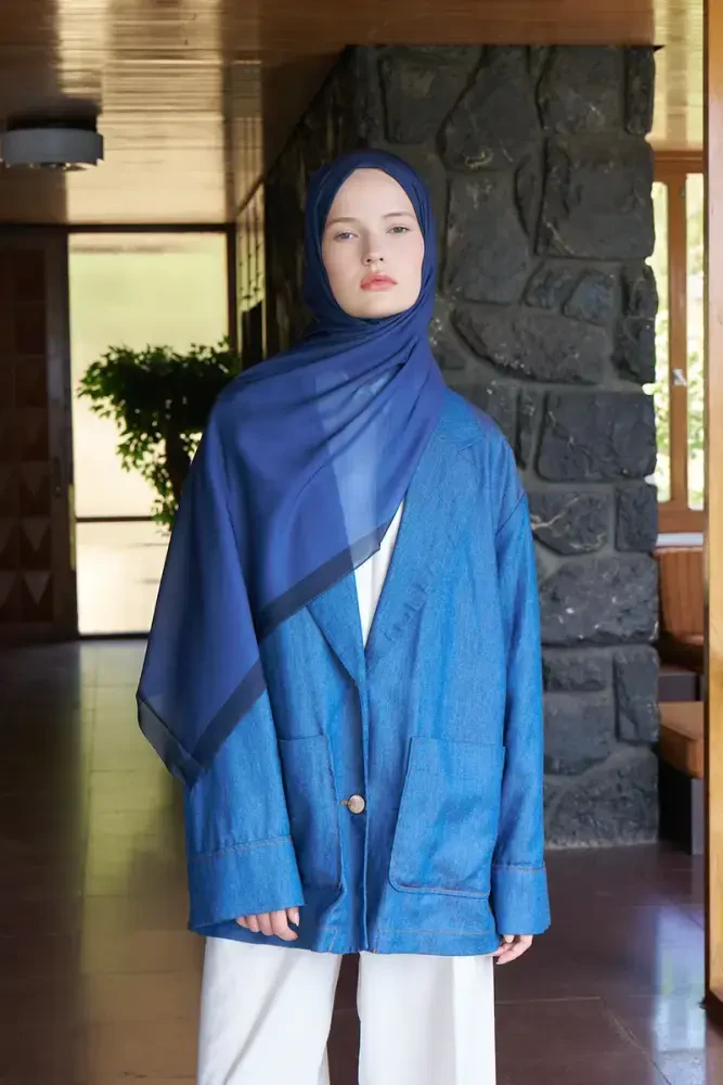 Fransız İpeği Degrade Desen Şal - Lacivert - MADAME POLO