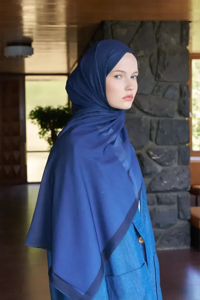 Fransız İpeği Degrade Desen Şal - Lacivert - 1