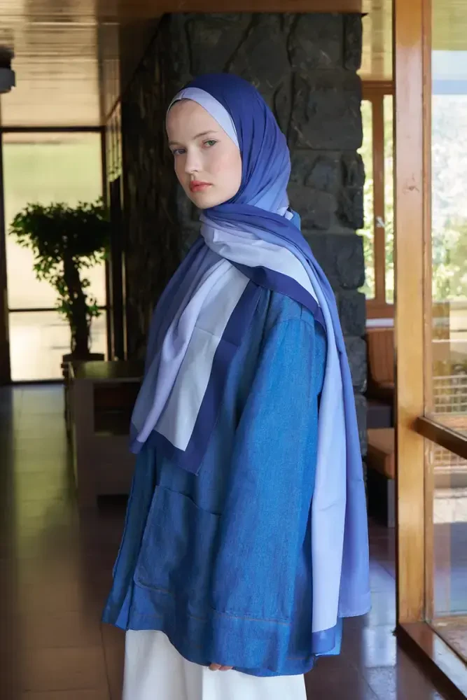 Beyza HURİ Fransız İpeği Degrade Desen Şal - Mavi - 3