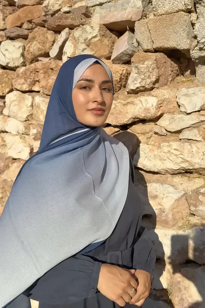 Beyza HURİ Fransız İpeği Degrade Desen Şal - Mavi - 1