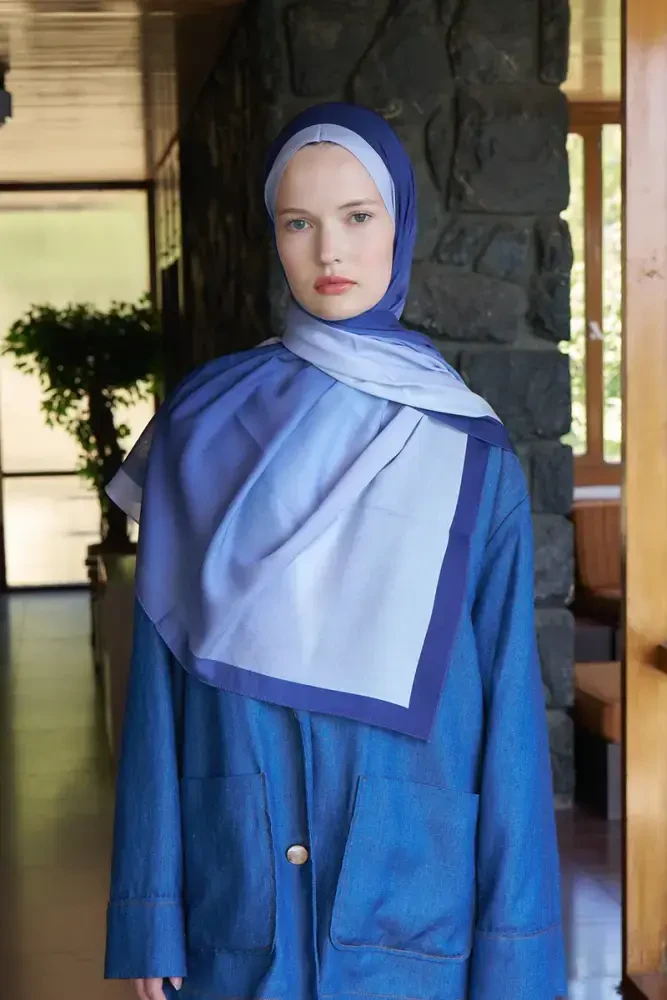 Beyza HURİ Fransız İpeği Degrade Desen Şal - Mavi - 5