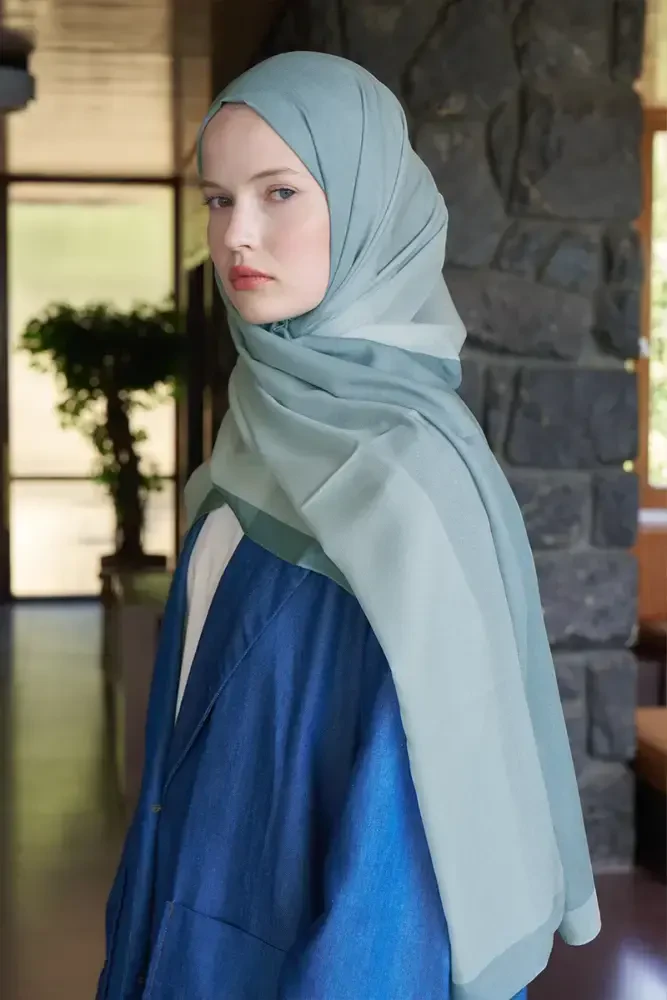 Fransız İpeği Degrade Desen Şal - Mint - MADAME POLO