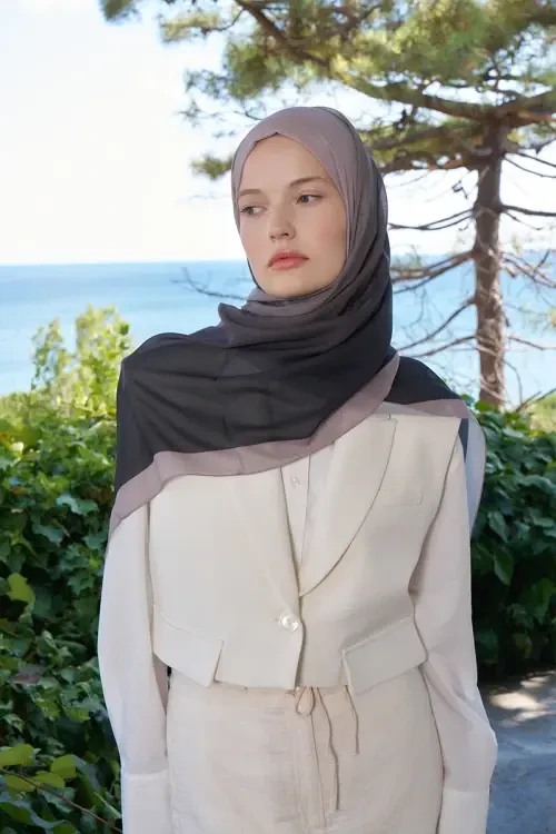 Fransız İpeği Degrade Desen Şal - Siyah / Vizon 