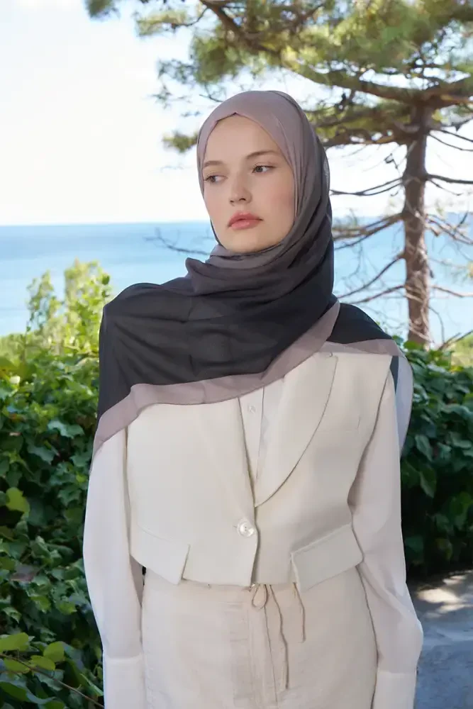 Fransız İpeği Degrade Desen Şal - Siyah / Vizon - MADAME POLO