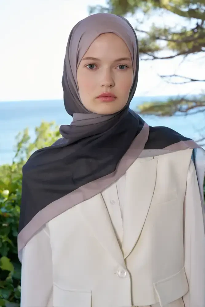 Fransız İpeği Degrade Desen Şal - Siyah / Vizon - 2