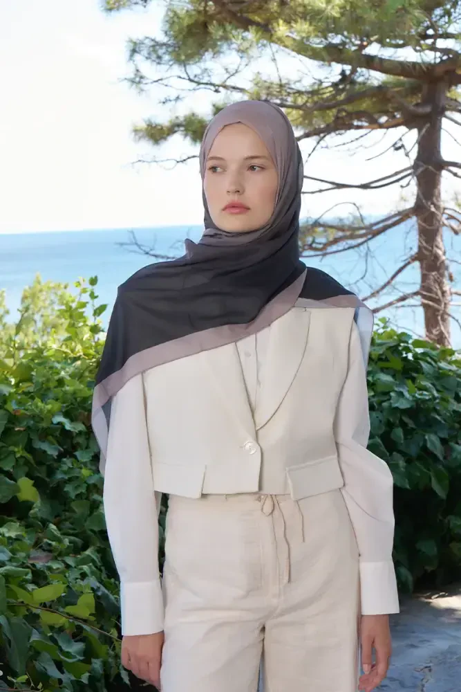 Fransız İpeği Degrade Desen Şal - Siyah / Vizon - 4