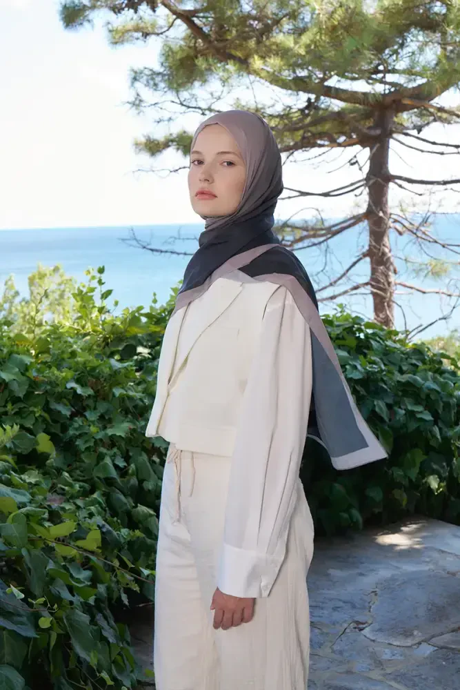 Fransız İpeği Degrade Desen Şal - Siyah / Vizon - MADAME POLO