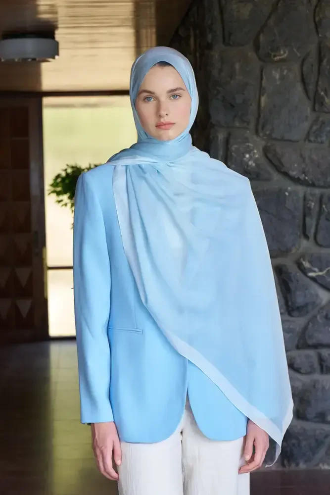 Fransız İpeği Degrade Desen Şal - Turkuaz - 5