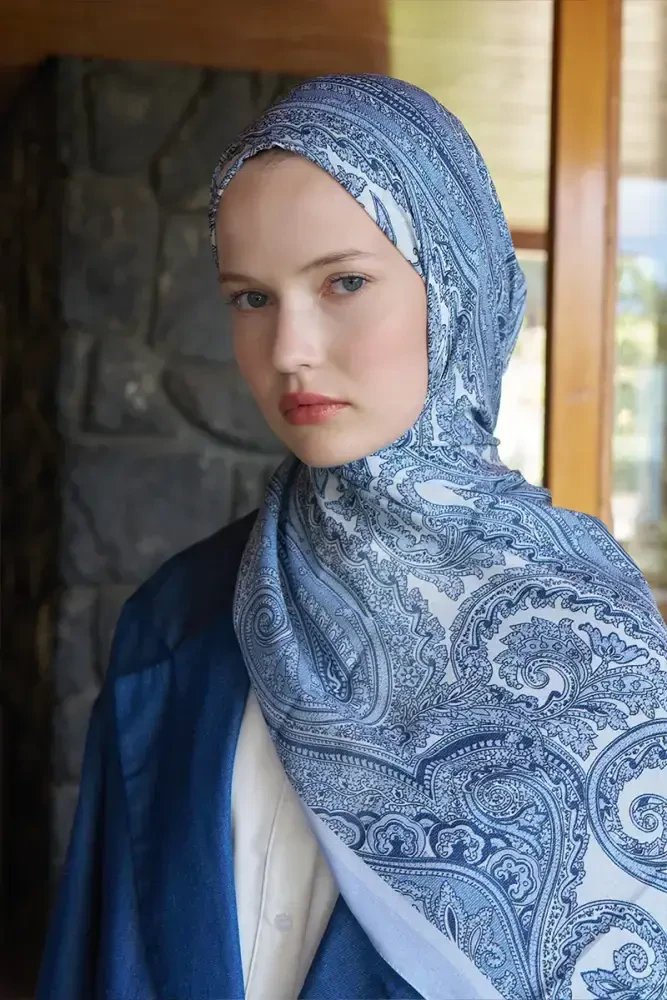 Fransız İpeği Saray Desen Şal - Açık Mavi - MADAME POLO