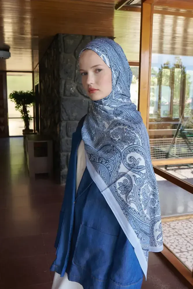 Fransız İpeği Saray Desen Şal - Açık Mavi - MADAME POLO