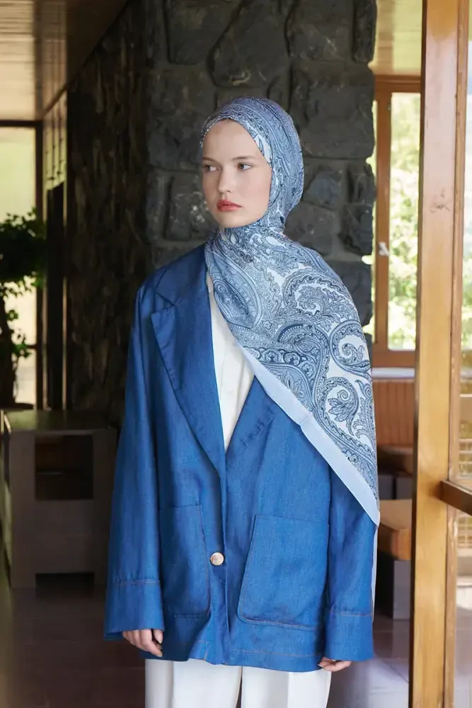 Fransız İpeği Saray Desen Şal - Açık Mavi - MADAME POLO