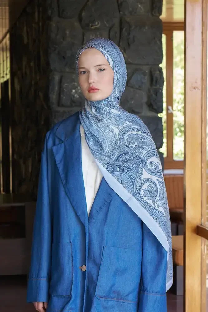Fransız İpeği Saray Desen Şal - Açık Mavi - 4
