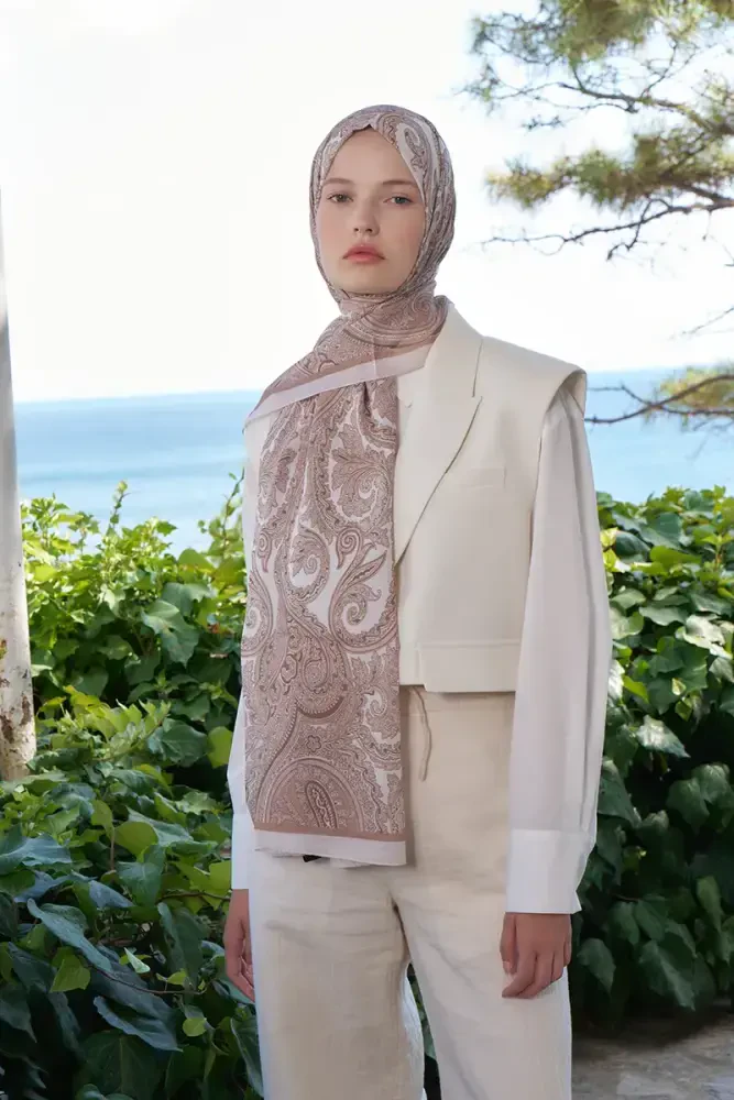 Beyza HURİ Fransız İpeği Saray Desen Şal - Bej - 5