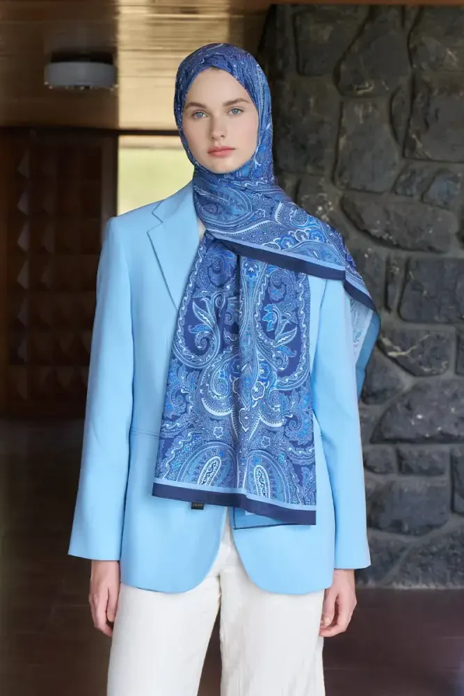 Beyza HURİ Fransız İpeği Saray Desen Şal - Lacivert - 2