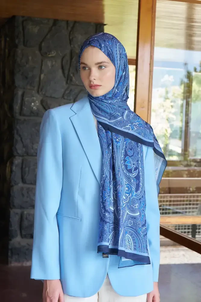 Beyza HURİ Fransız İpeği Saray Desen Şal - Lacivert - 4