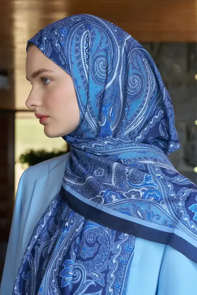 Beyza HURİ Fransız İpeği Saray Desen Şal - Lacivert - 5