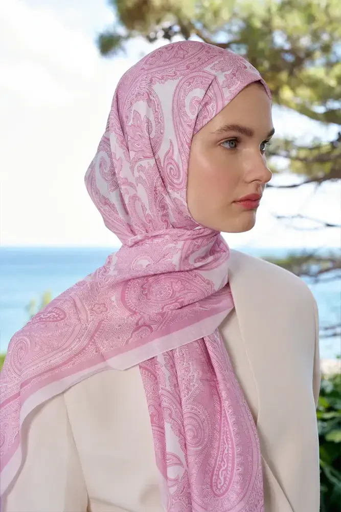 Tuğba BAĞ Fransız İpeği Saray Desen Şal - Pembe - 3