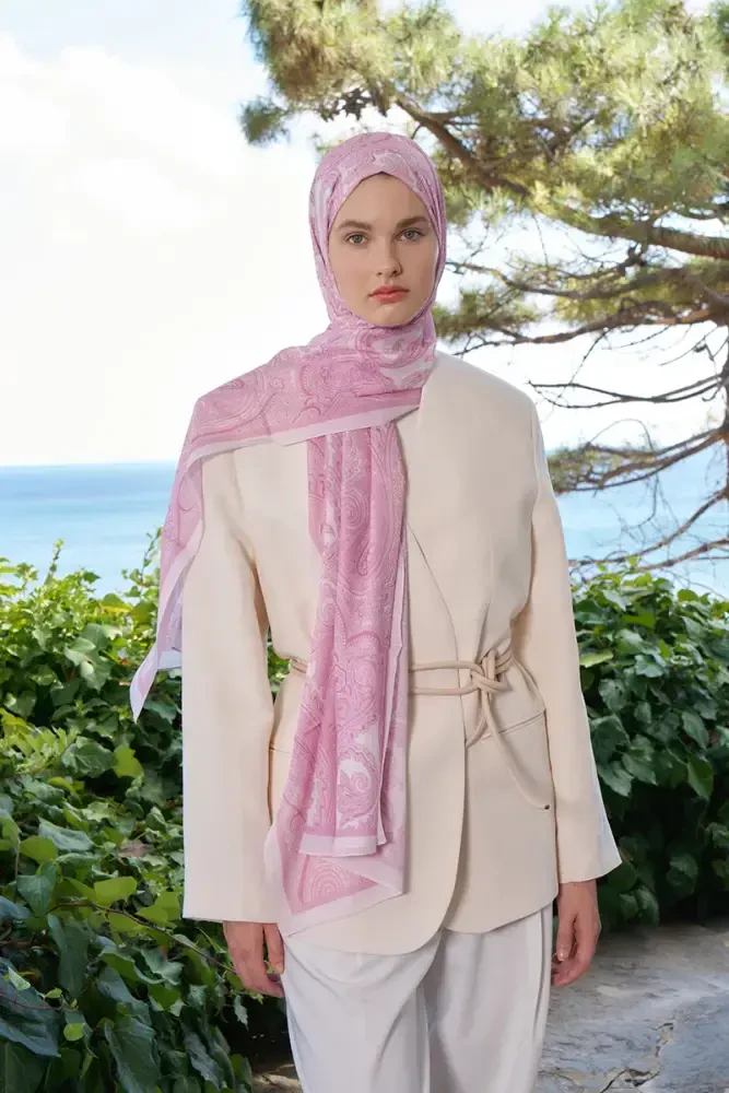Tuğba BAĞ Fransız İpeği Saray Desen Şal - Pembe - 5