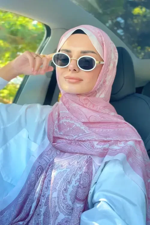 Tuğba BAĞ Fransız İpeği Saray Desen Şal - Pembe 