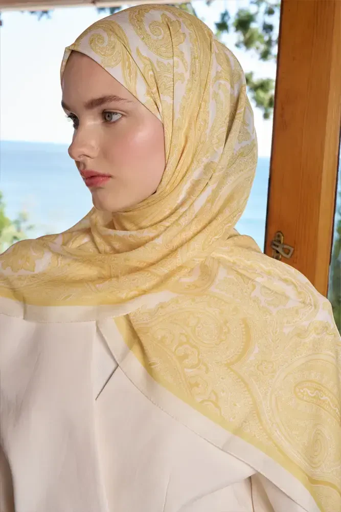 Tuğba BAĞ Fransız İpeği Saray Desen Şal - Sarı - 5