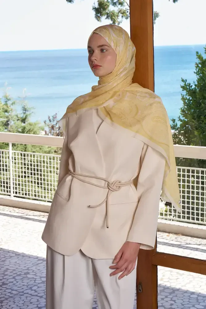 Tuğba BAĞ Fransız İpeği Saray Desen Şal - Sarı - 3