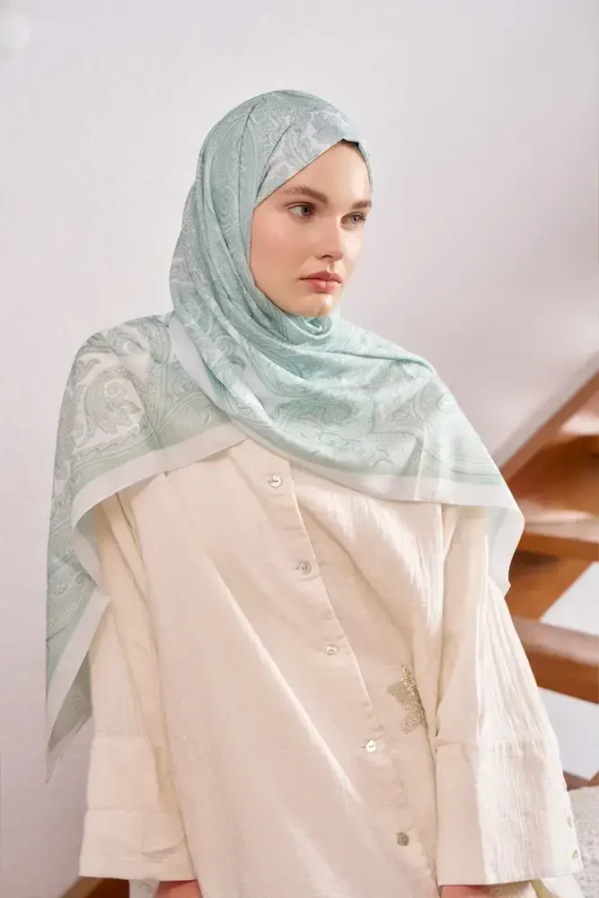Fransız İpeği Saray Desen Şal - Su Yeşili - 1