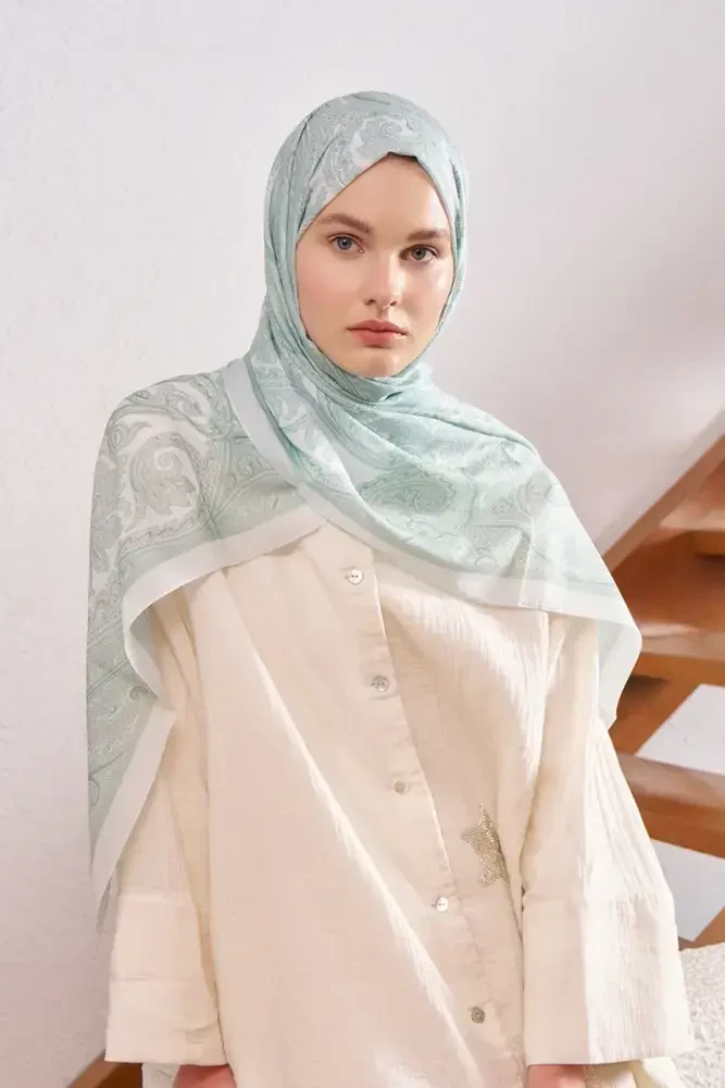 Fransız İpeği Saray Desen Şal - Su Yeşili - 3