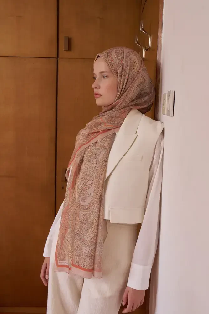 Tuğba BAĞ Fransız İpeği Saray Desen Şal - Turuncu - 5