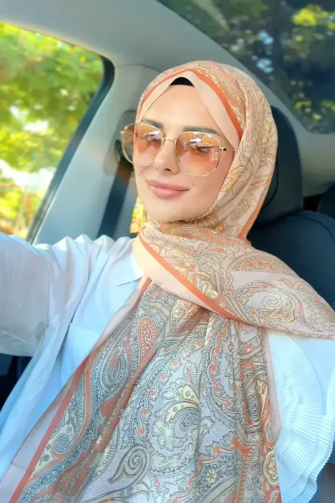 Tuğba BAĞ Fransız İpeği Saray Desen Şal - Turuncu - MADAME POLO