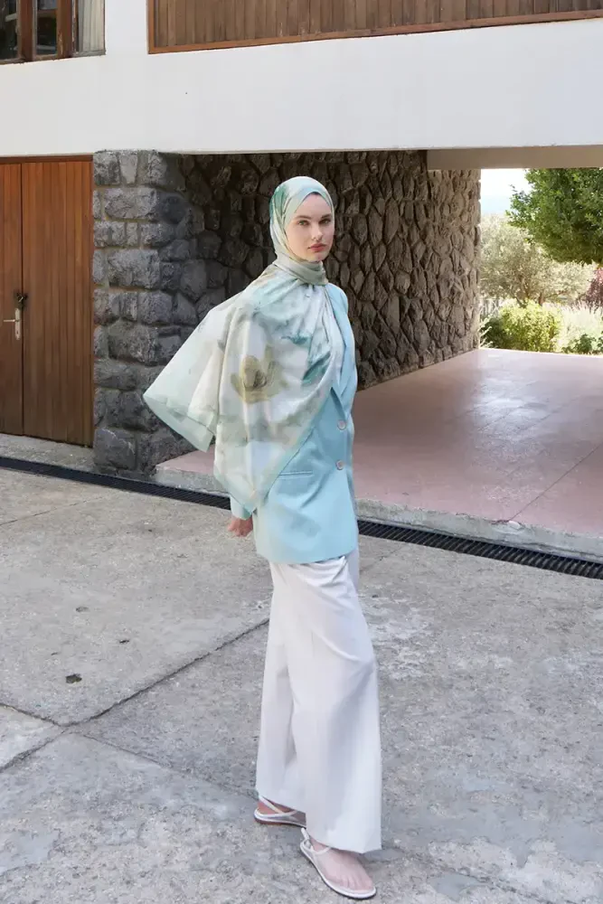 Fransız İpeği Ahenk Desen Şal - Açık Mavi - 3