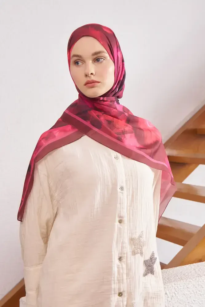Fransız İpeği Ahenk Desen Şal - Bordo - 1