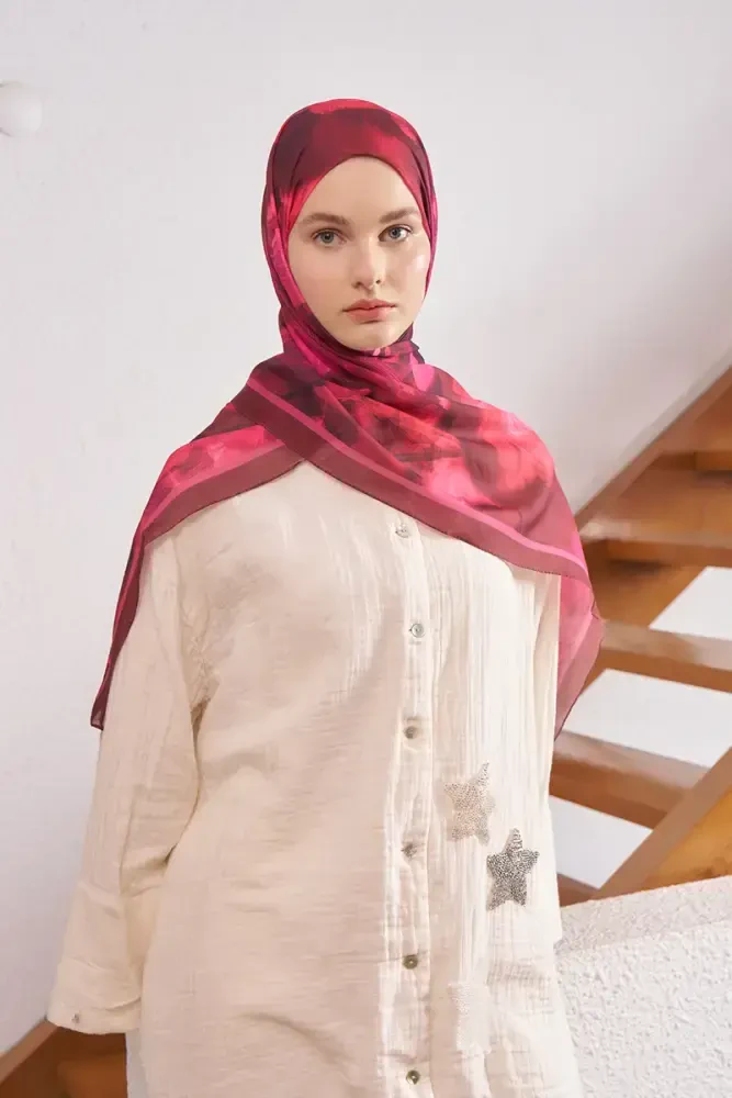 Fransız İpeği Ahenk Desen Şal - Bordo - 4