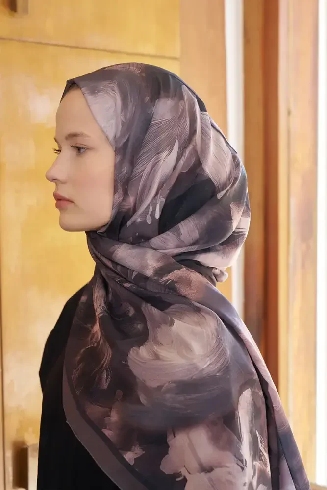 Fransız İpeği Ahenk Desen Şal - Kahverengi - 2