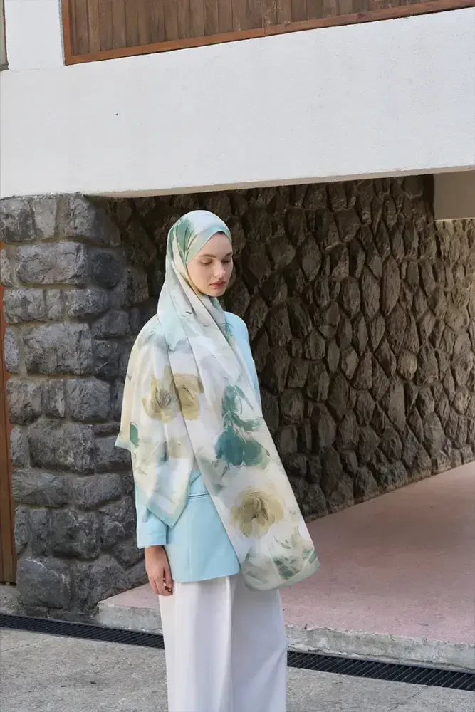 Fransız İpeği Ahenk Desen Şal - Yeşil - 1