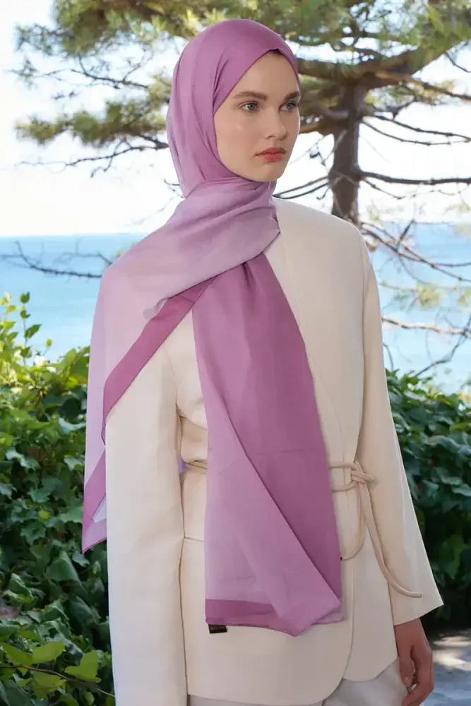 Fransız İpeği Degrade Desen Şal - Pembe - 3