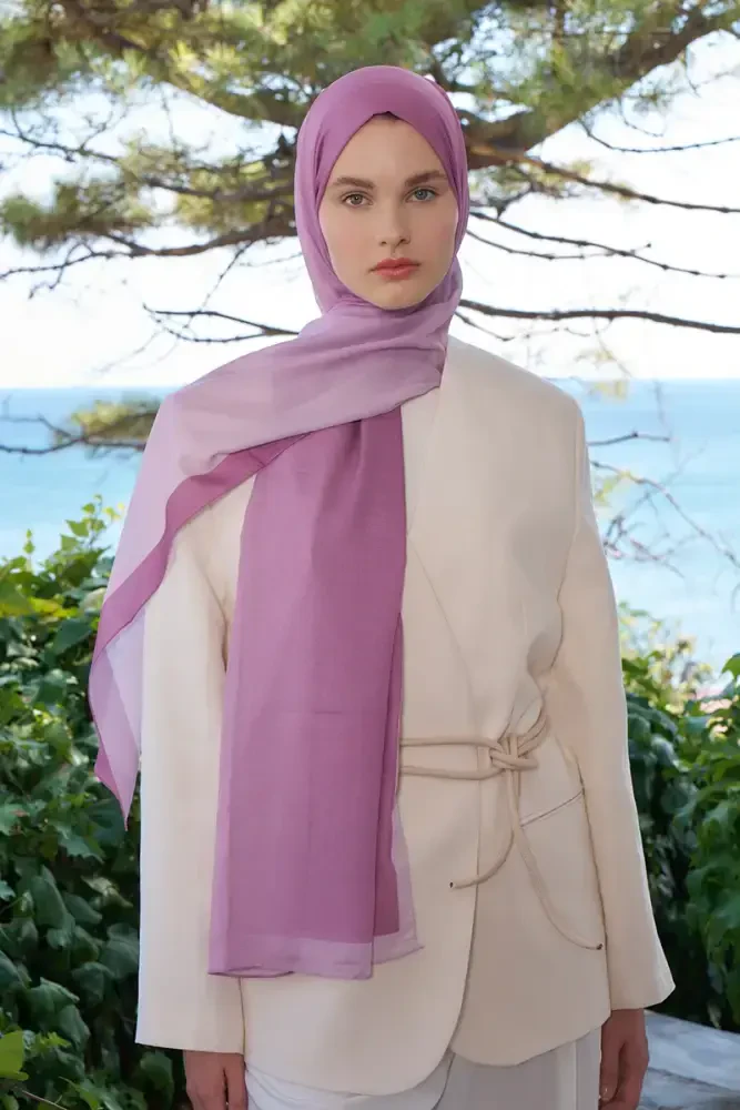 Fransız İpeği Degrade Desen Şal - Pembe - 4