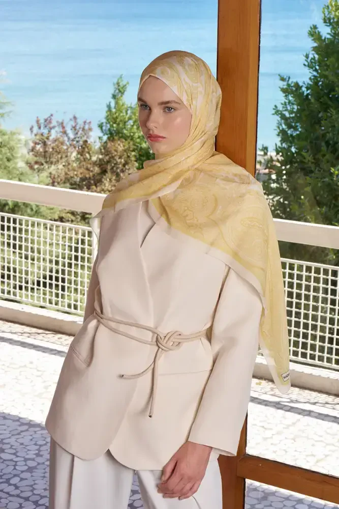 Fransız İpeği Saray Desen Şal - Sarı - 4