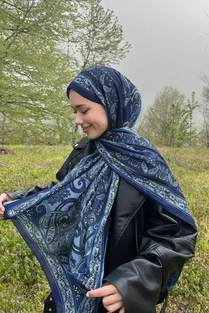 Historical Dionessa Desen Şal - Gece Mavisi - MADAME POLO