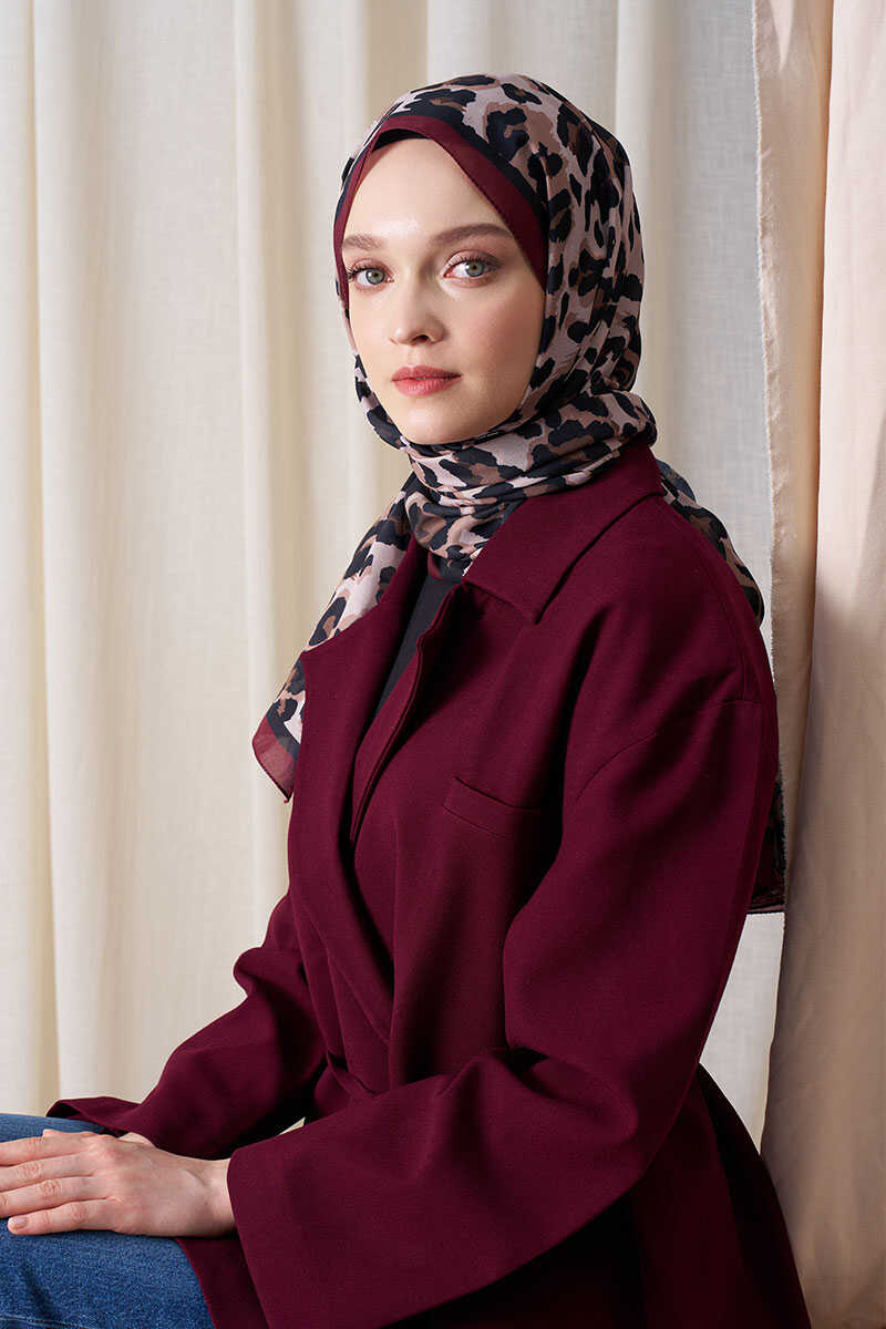 Historical Leopar Desen Şal - Bordo - MADAME POLO