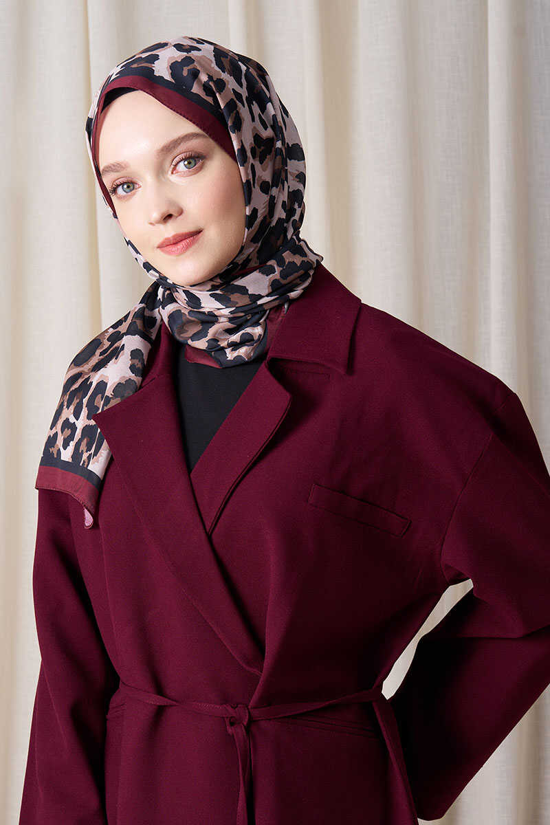 Historical Leopar Desen Şal - Bordo - MADAME POLO