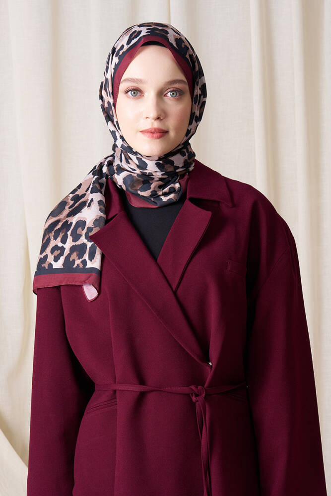 Historical Leopar Desen Şal - Bordo - 4