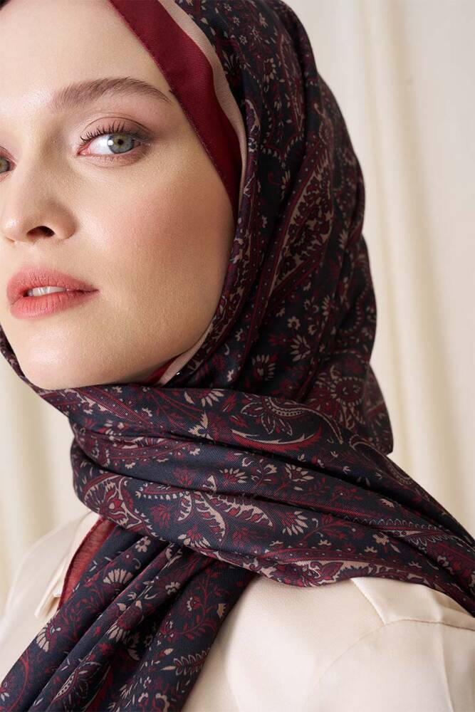 Historical Veloria Desen Şal - Bordo - 1