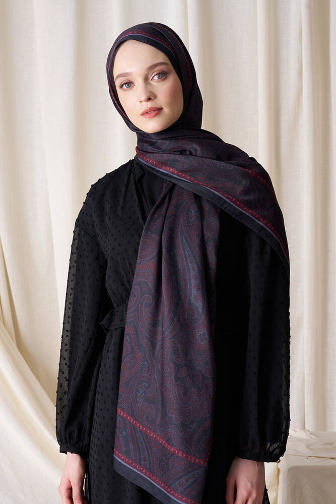 Historical Victorian Desen Şal - Bordo / Siyah - 4