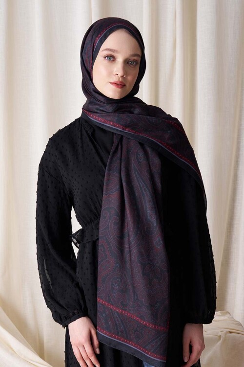 Historical Victorian Desen Şal - Bordo / Siyah 