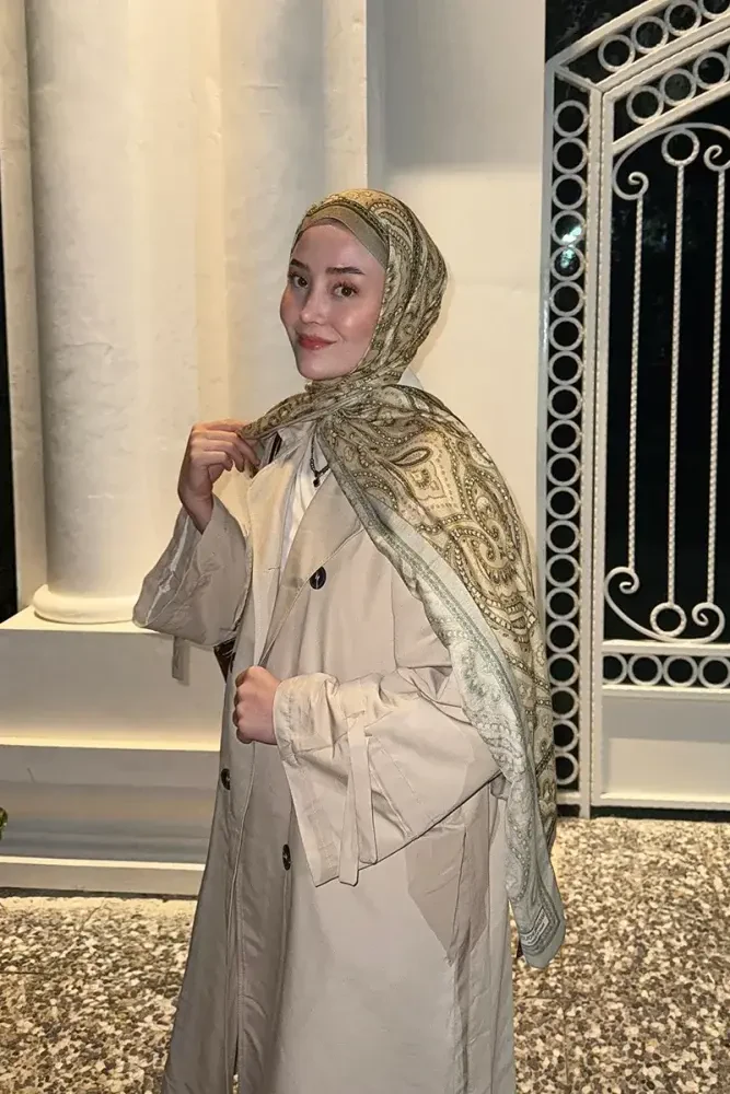 Historical Victorian Desen Şal - Yağ Yeşili - MADAME POLO