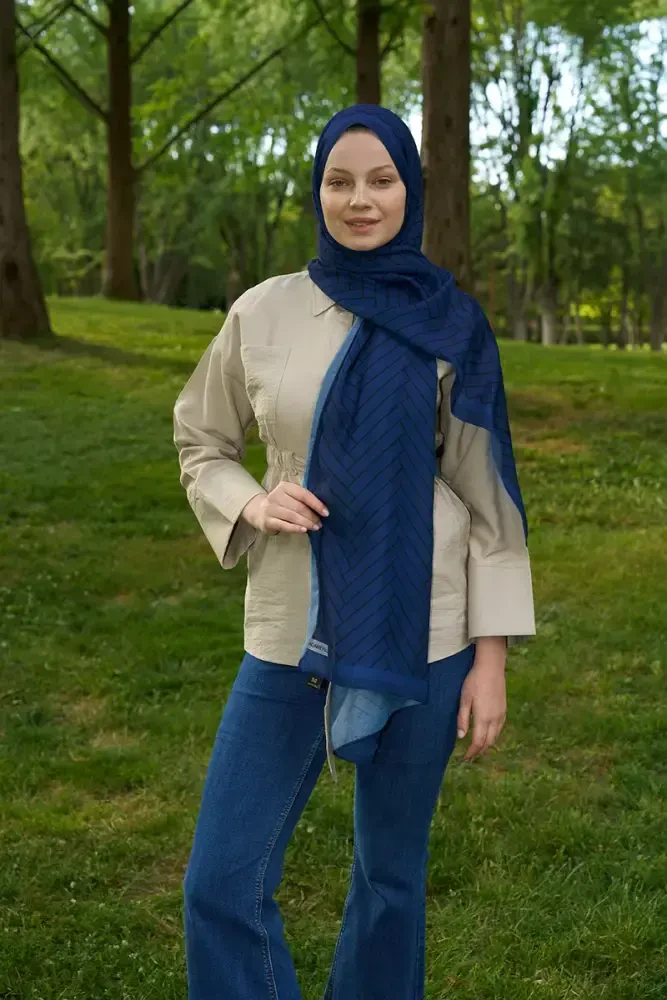 Hyper Zikzak Desen Şal - Lacivert - 3