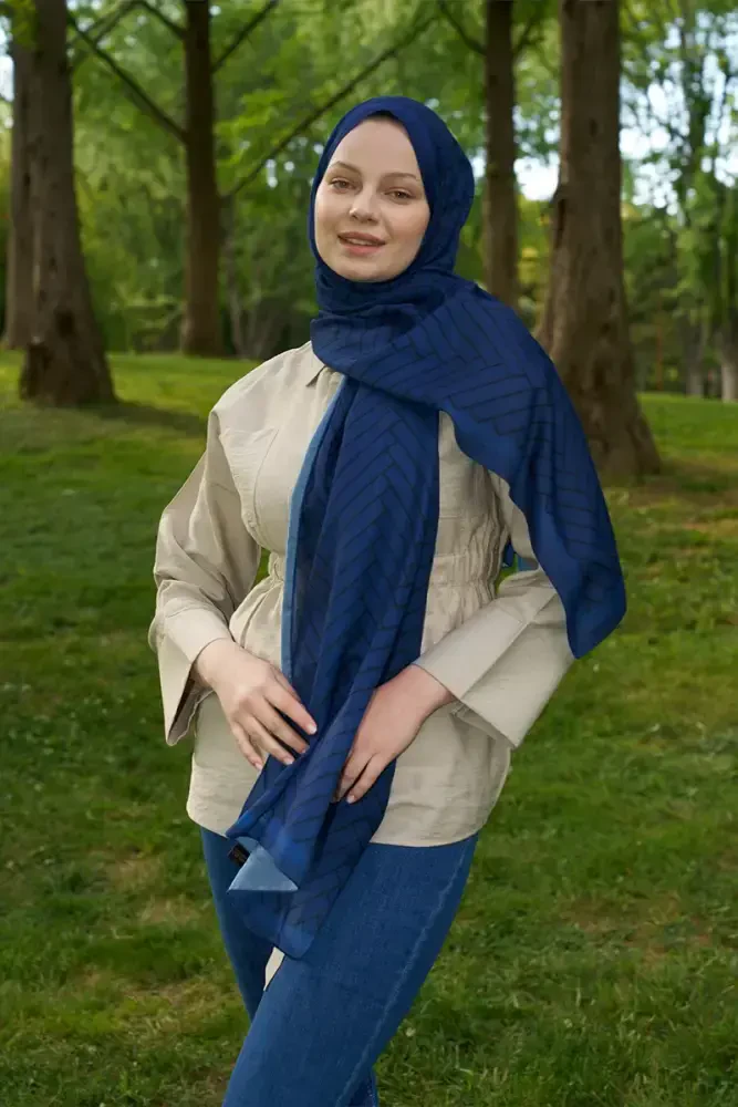 Hyper Zikzak Desen Şal - Lacivert - 4