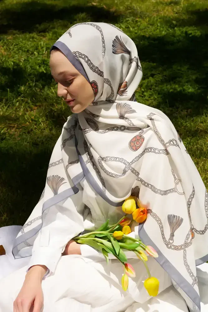 Hyper Zincir Desen Şal - Kırık Beyaz - 2